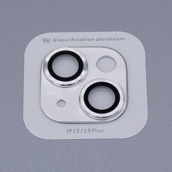 One piece design rear camera lens protection tempered glass cover for iPhone 15 and 15 Plus in silver color